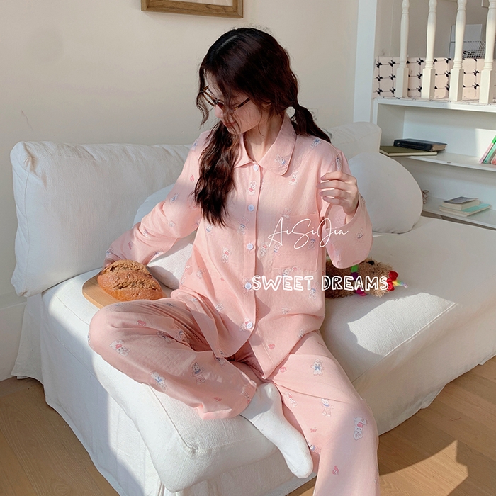 91家纺网 家纺一手货源 找家纺 爱思佳 2026新款全棉双层纱长袖长裤睡衣 兔兔情话