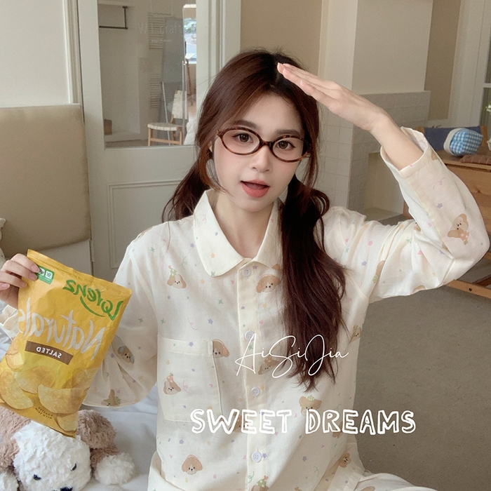 91家纺网 家纺一手货源 找家纺 爱思佳 2026新款全棉双层纱长袖长裤睡衣 智多星