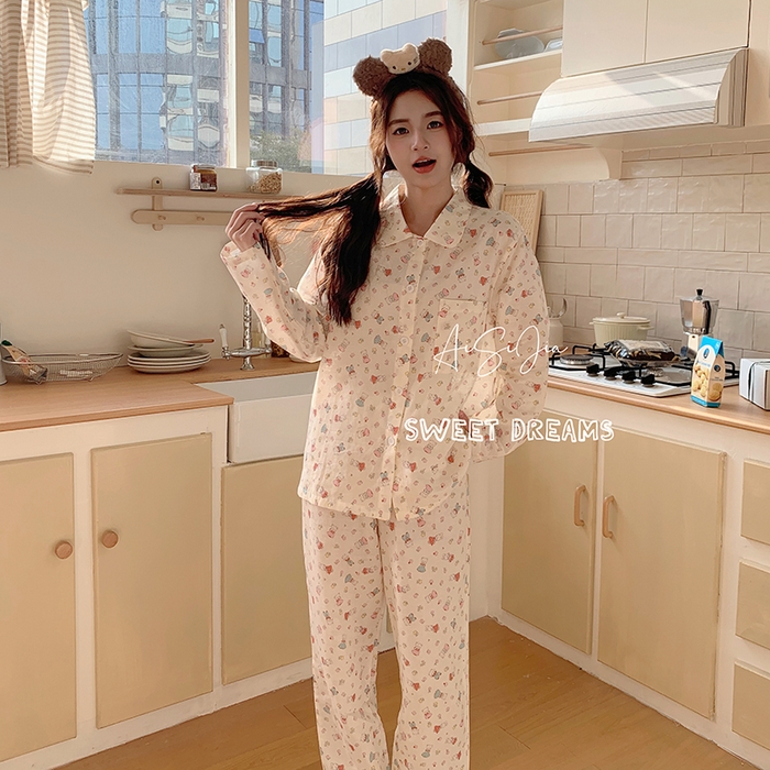 爱思佳 2026新款全棉双层纱长袖长裤睡衣 小熊乐园