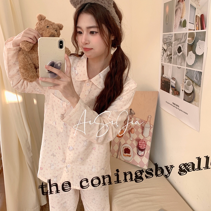 91家纺网 家纺一手货源 找家纺 爱思佳 2026新款全棉双层纱长袖长裤睡衣 奶糖兔