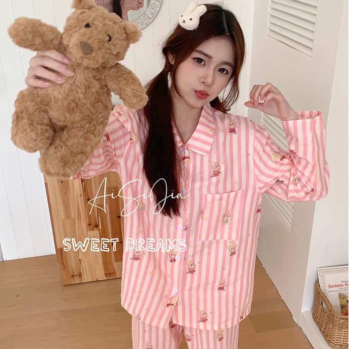 91家纺网 家纺一手货源 找家纺 爱思佳 2026新款全棉双层纱长袖长裤睡衣 萌星粉