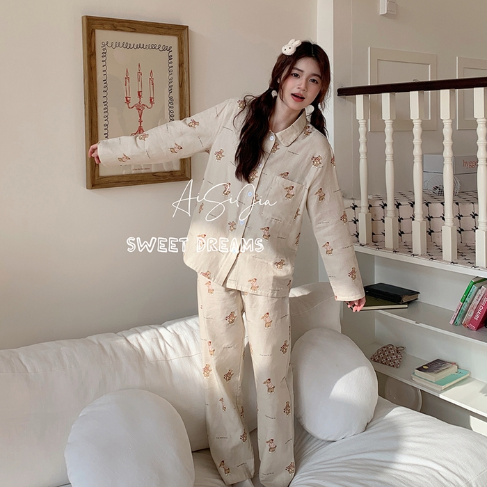 91家纺网 家纺一手货源 找家纺 爱思佳 2026新款全棉双层纱长袖长裤睡衣 面包小熊