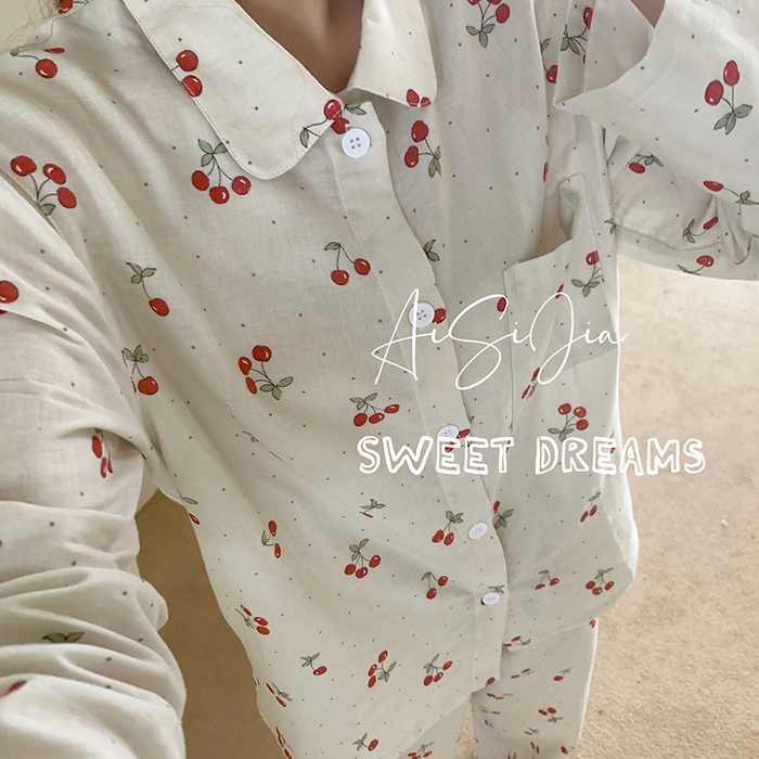 91家纺网 家纺一手货源 找家纺 爱思佳 2026新款全棉双层纱长袖长裤睡衣 小樱桃