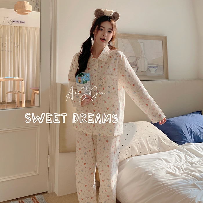 91家纺网 家纺一手货源 找家纺 爱思佳 2026新款全棉双层纱长袖长裤睡衣 小熊乐园