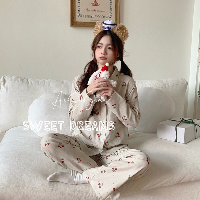 91家纺网 家纺一手货源 找家纺 爱思佳 2026新款全棉双层纱长袖长裤睡衣 小樱桃