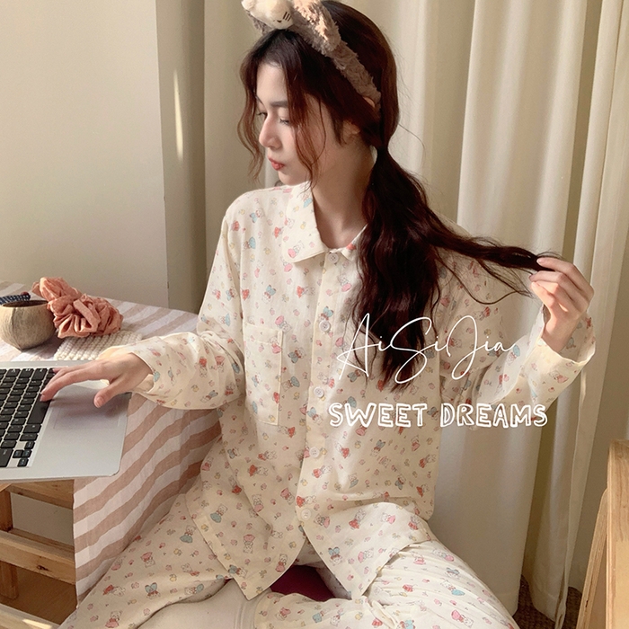 91家纺网 家纺一手货源 找家纺 爱思佳 2026新款全棉双层纱长袖长裤睡衣 小熊乐园