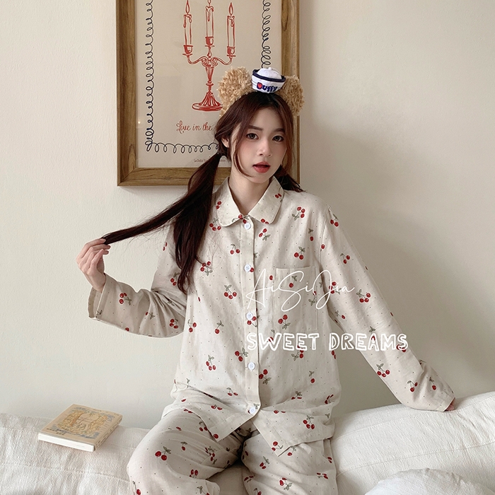 91家纺网 家纺一手货源 找家纺 爱思佳 2026新款全棉双层纱长袖长裤睡衣 小樱桃