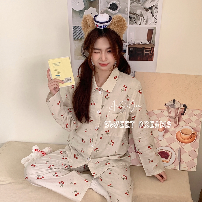 91家纺网 家纺一手货源 找家纺 爱思佳 2026新款全棉双层纱长袖长裤睡衣 小樱桃