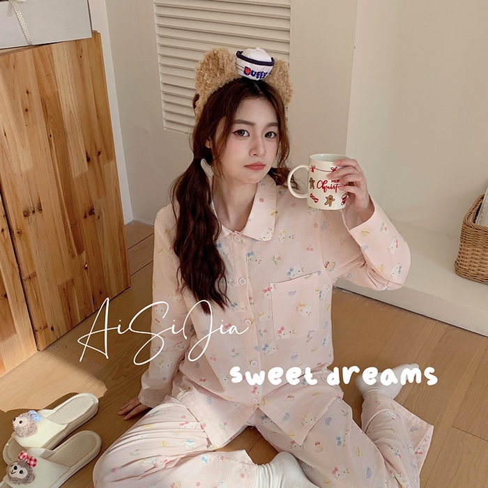 91家纺网 家纺一手货源 找家纺 爱思佳 2026新款全棉双层纱长袖长裤睡衣 粉喵喵