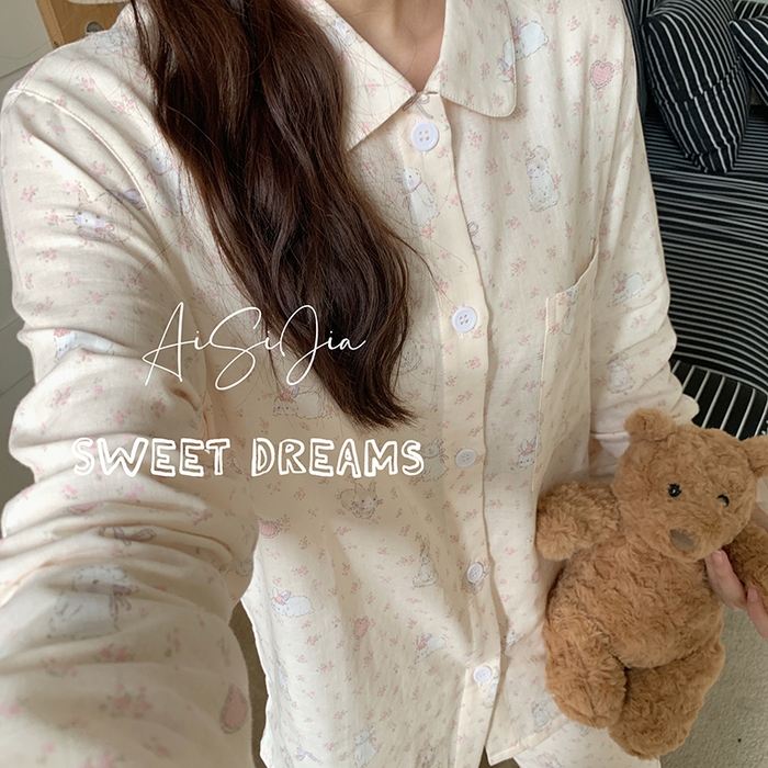 91家纺网 家纺一手货源 找家纺 爱思佳 2026新款全棉双层纱长袖长裤睡衣 奶糖兔