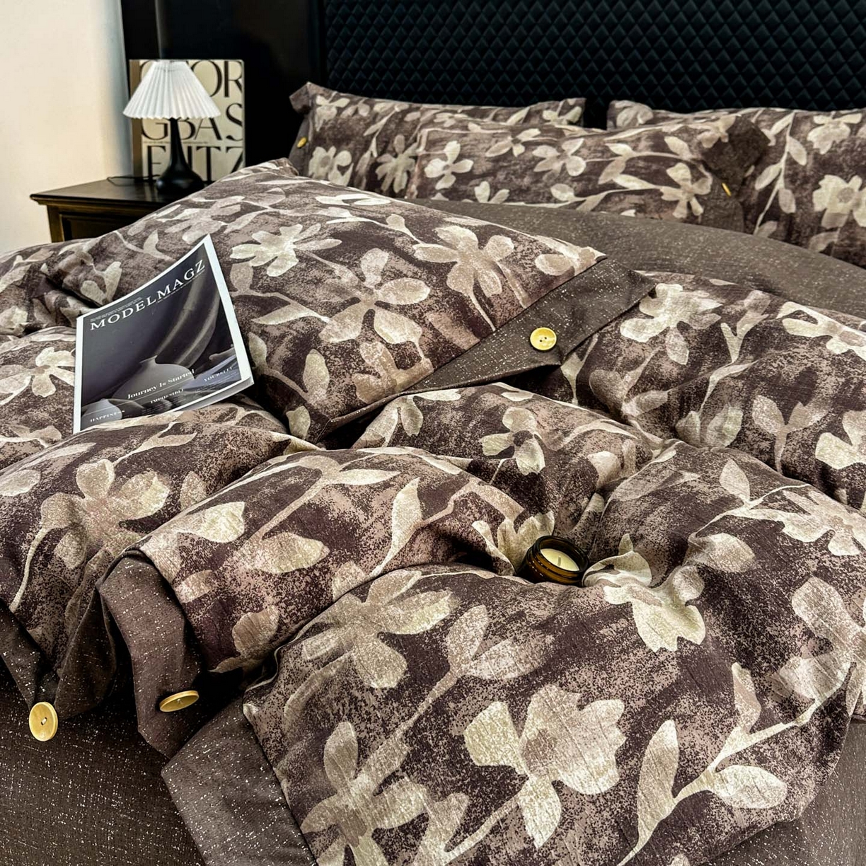 晚爱家纺（原晚安家居） 2026新款加厚双层纱原麻纽扣款四件套 花影棕