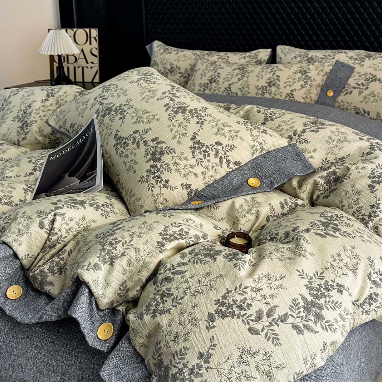 晚爱家纺（原晚安家居） 2026新款加厚双层纱原麻纽扣款四件套 花语蓝