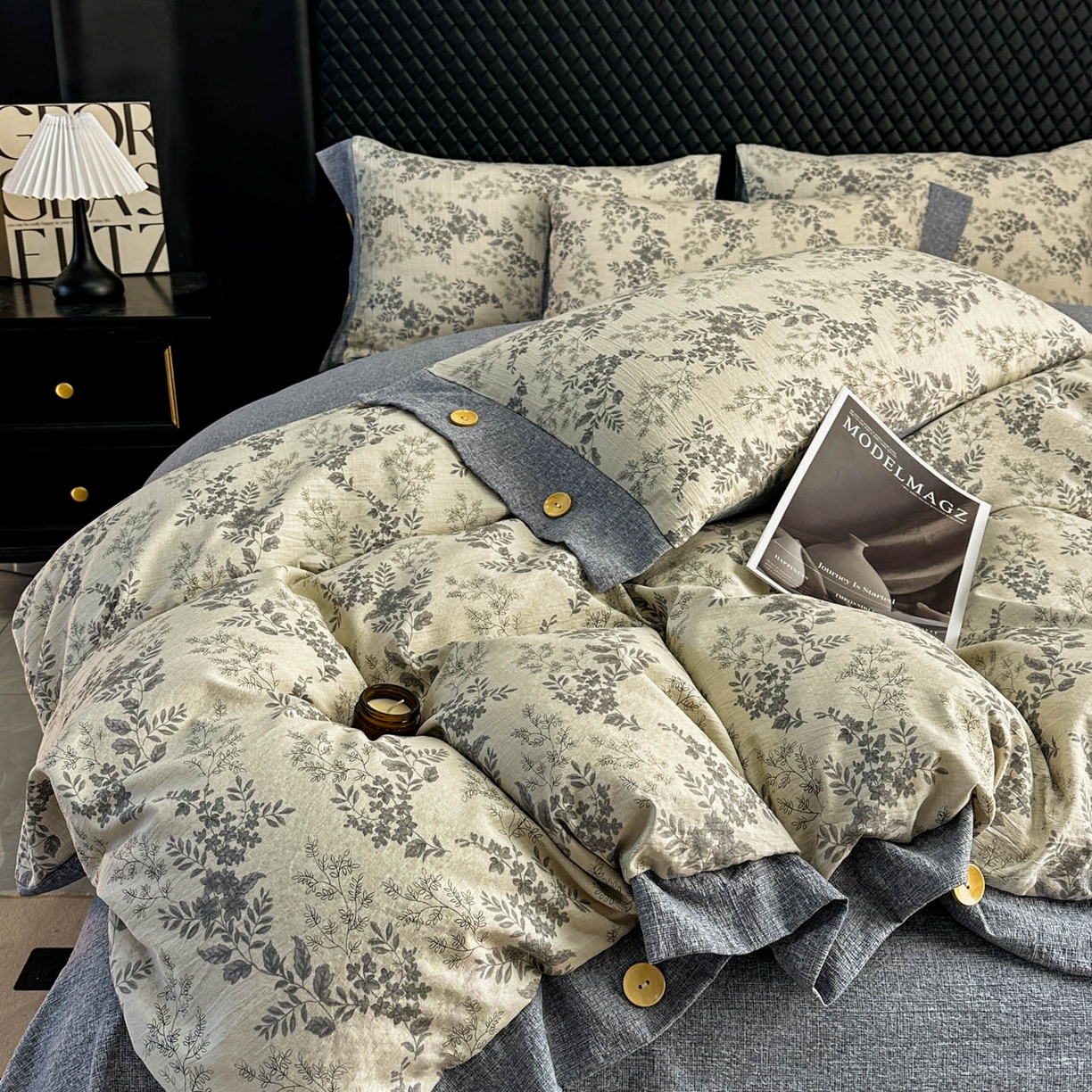 91家纺网 家纺一手货源 找家纺 晚爱家纺（原晚安家居） 2026新款加厚双层纱原麻纽扣款四件套 花语蓝