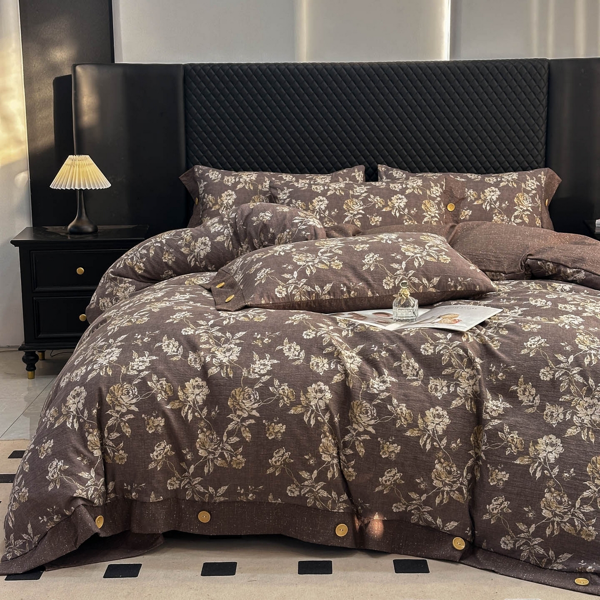 91家纺网 家纺一手货源 找家纺 晚爱家纺（原晚安家居） 2026新款加厚双层纱原麻纽扣款四件套 金枝蔓