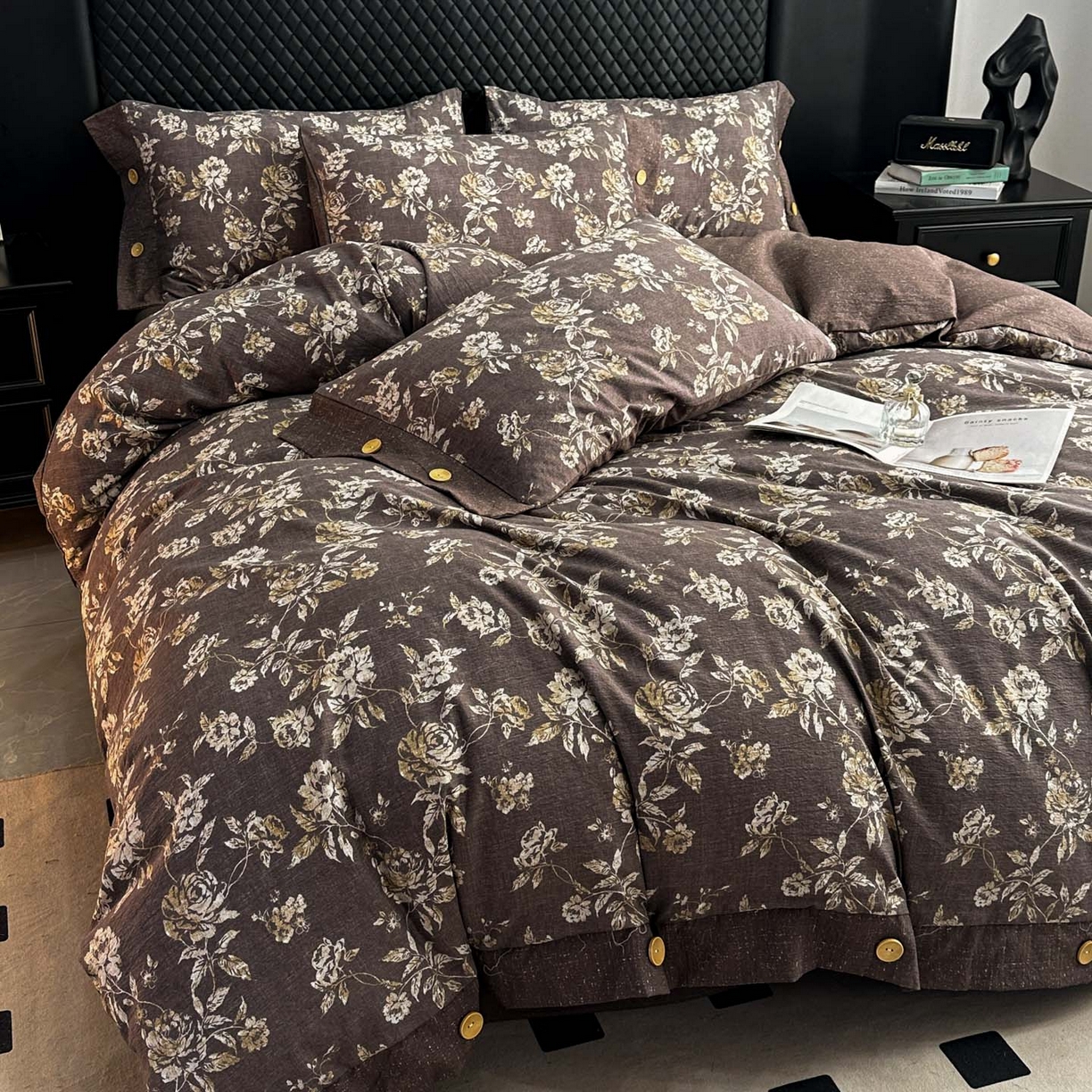 91家纺网 家纺一手货源 找家纺 晚爱家纺（原晚安家居） 2026新款加厚双层纱原麻纽扣款四件套 金枝蔓