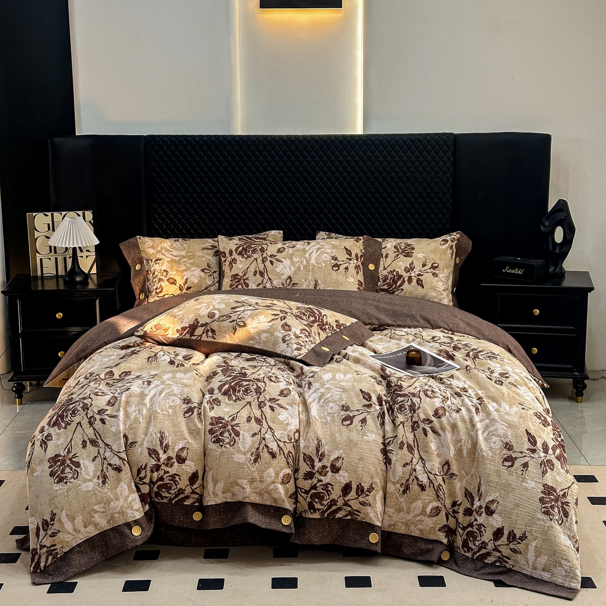 91家纺网 家纺一手货源 找家纺 晚爱家纺（原晚安家居） 2026新款加厚双层纱原麻纽扣款四件套 咖色枝叶