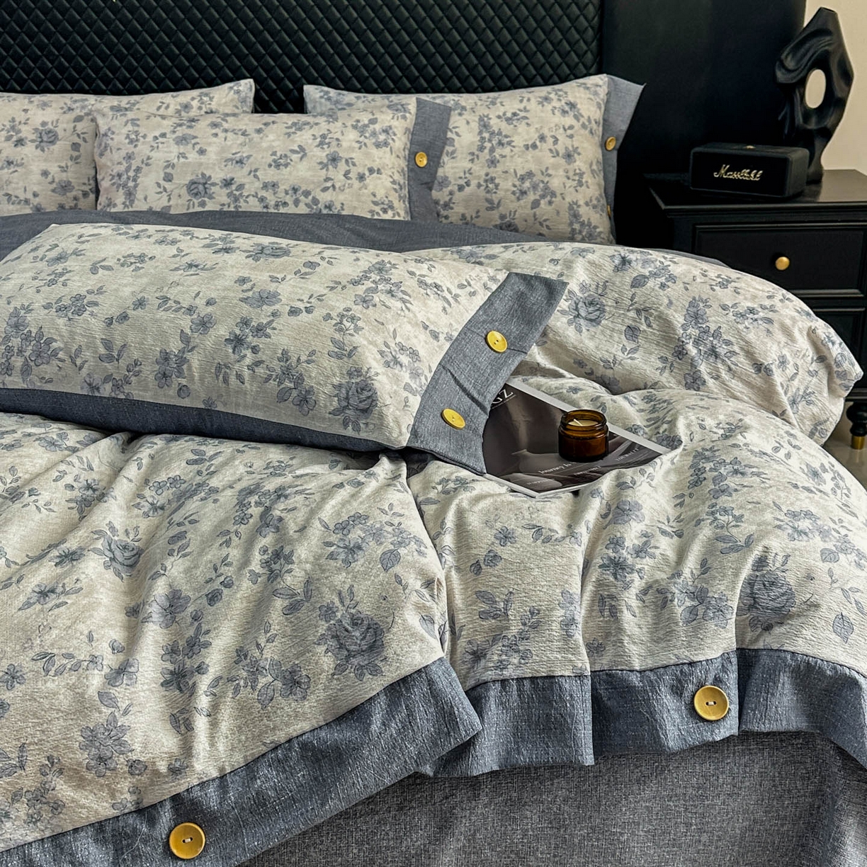 91家纺网 家纺一手货源 找家纺 晚爱家纺（原晚安家居） 2026新款加厚双层纱原麻纽扣款四件套 南阳旧梦