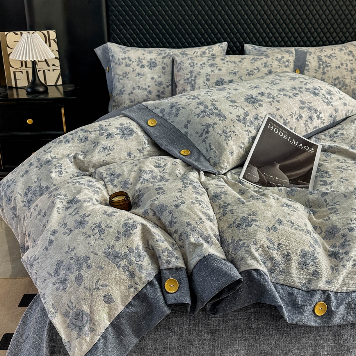 91家纺网 家纺一手货源 找家纺 晚爱家纺（原晚安家居） 2026新款加厚双层纱原麻纽扣款四件套 南阳旧梦