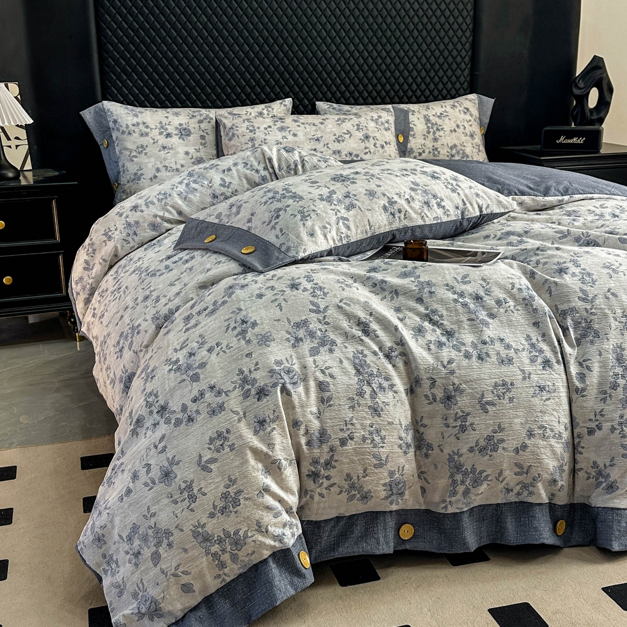 91家纺网 家纺一手货源 找家纺 晚爱家纺（原晚安家居） 2026新款加厚双层纱原麻纽扣款四件套 南阳旧梦