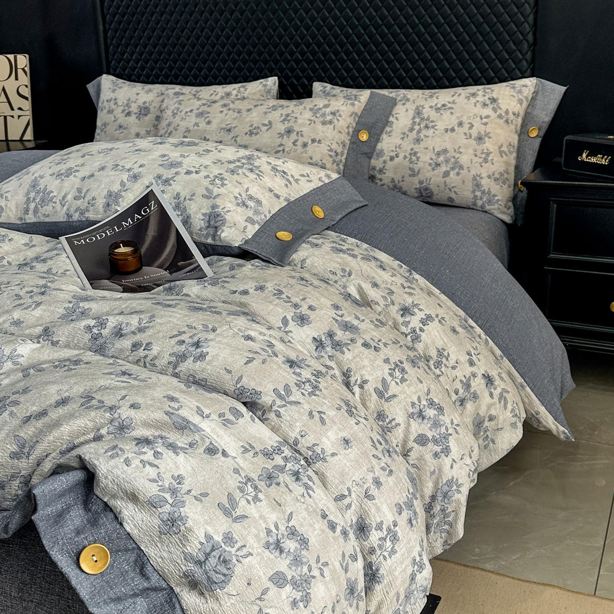 91家纺网 家纺一手货源 找家纺 晚爱家纺（原晚安家居） 2026新款加厚双层纱原麻纽扣款四件套 南阳旧梦