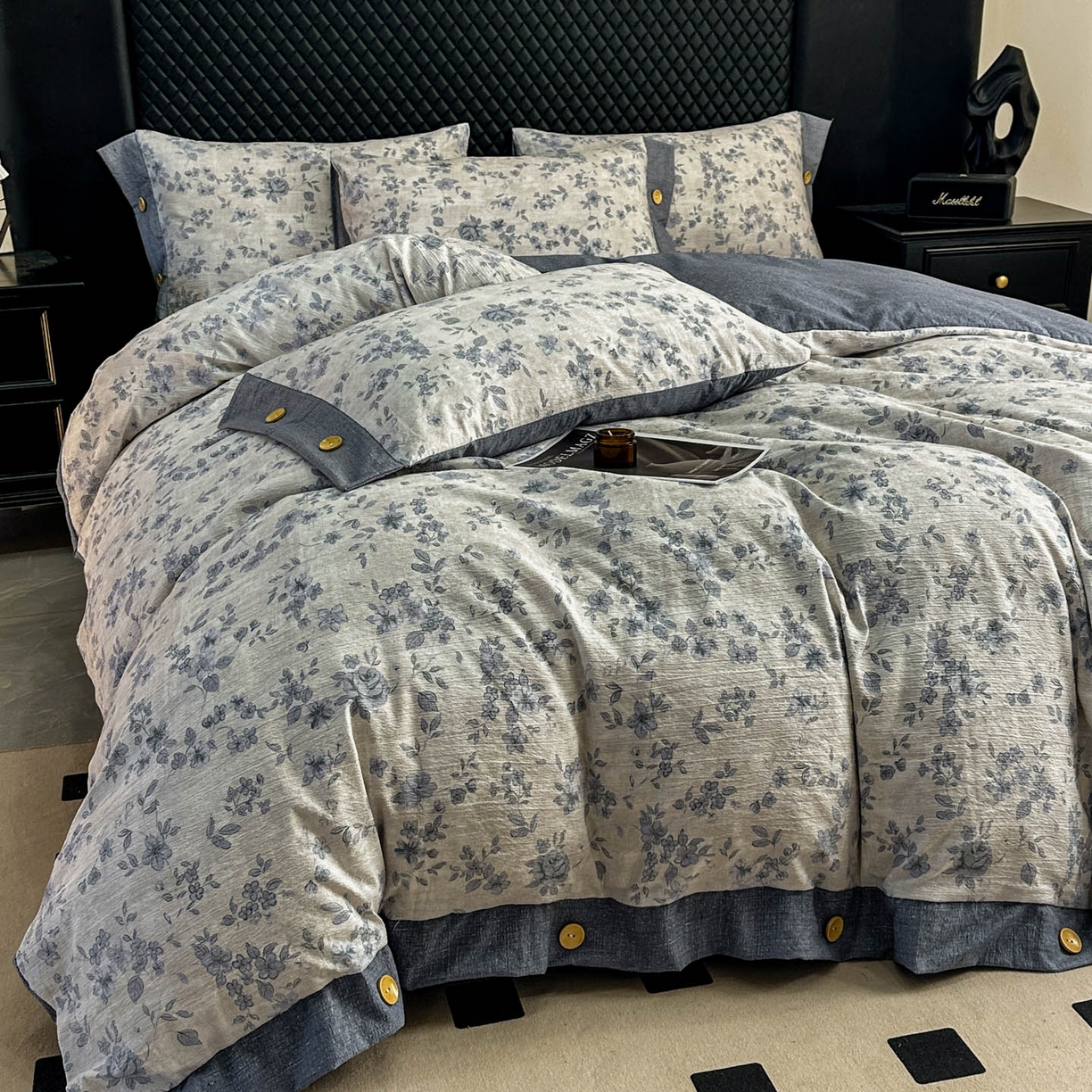 91家纺网 家纺一手货源 找家纺 晚爱家纺（原晚安家居） 2026新款加厚双层纱原麻纽扣款四件套 南阳旧梦