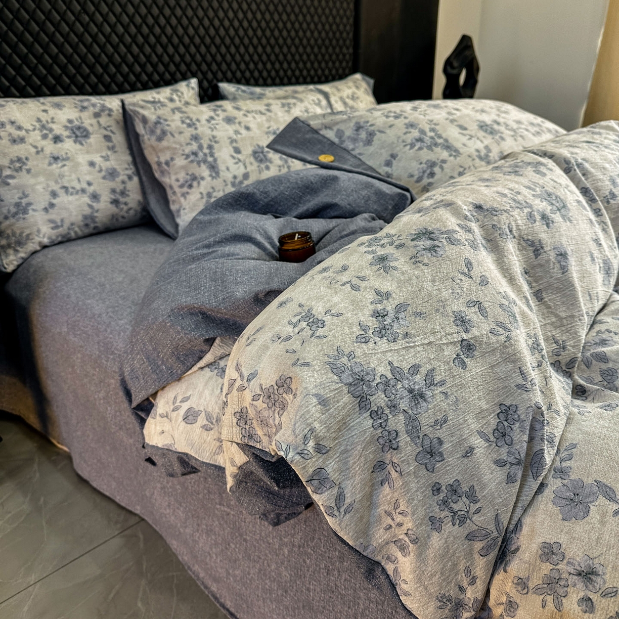 91家纺网 家纺一手货源 找家纺 晚爱家纺（原晚安家居） 2026新款加厚双层纱原麻纽扣款四件套 南阳旧梦