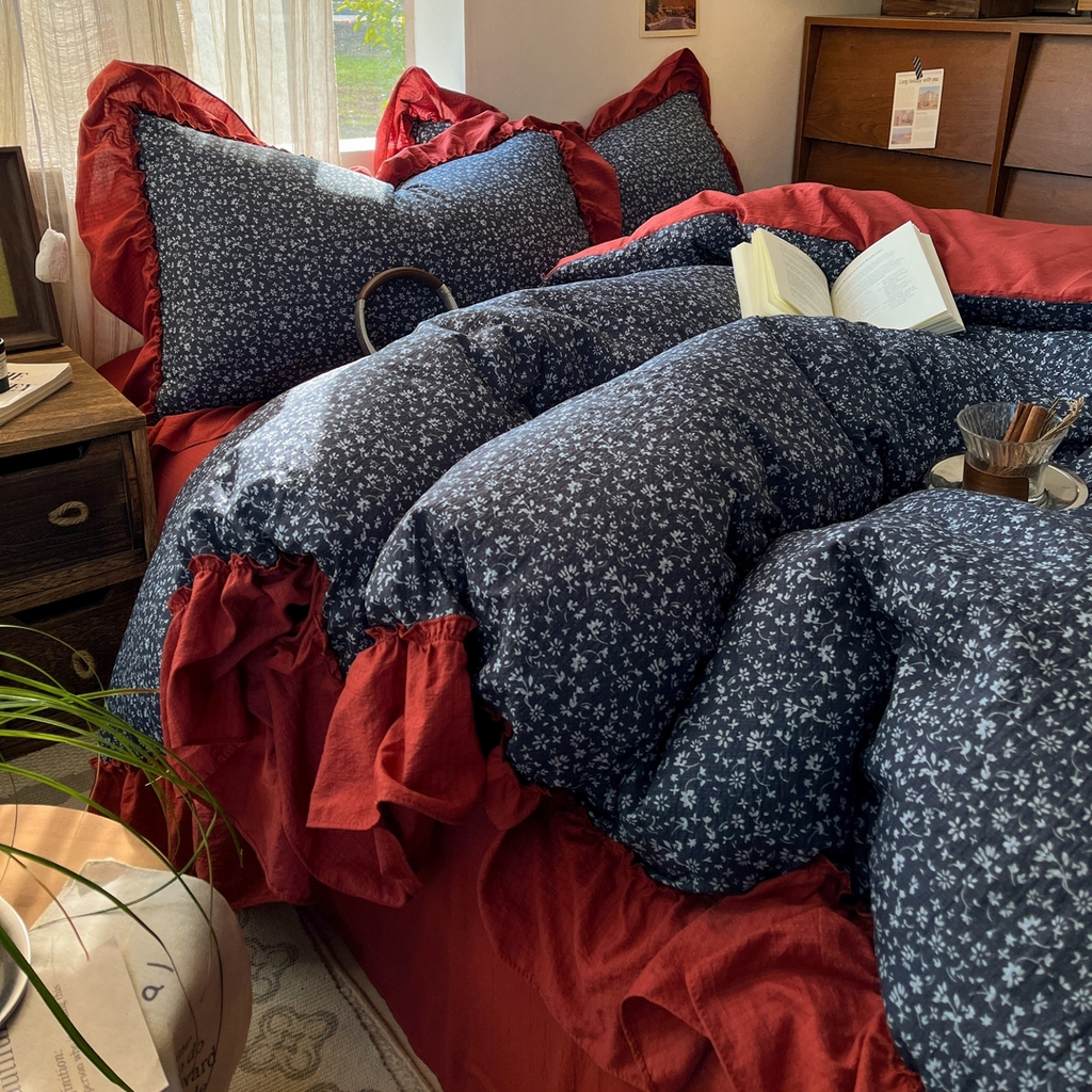 欣宜家纺 2026新款荷叶花边床上四件套ins风法式少女心被套床单学生宿舍三件套 莫奈