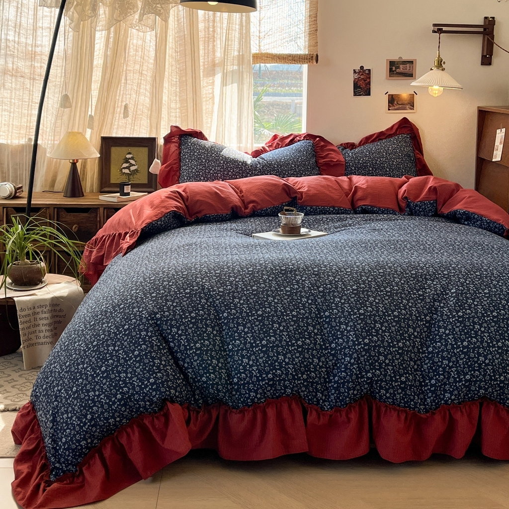 91家纺网 家纺一手货源 找家纺 欣宜家纺 2026新款荷叶花边床上四件套ins风法式少女心被套床单学生宿舍三件套 莫奈