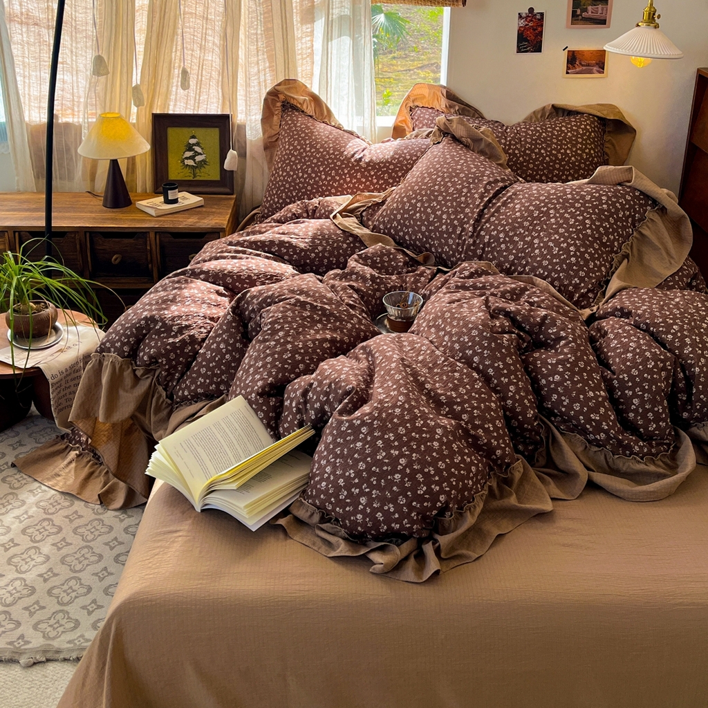 91家纺网 家纺一手货源 找家纺 欣宜家纺 2026新款荷叶花边床上四件套ins风法式少女心被套床单学生宿舍三件套 木槿