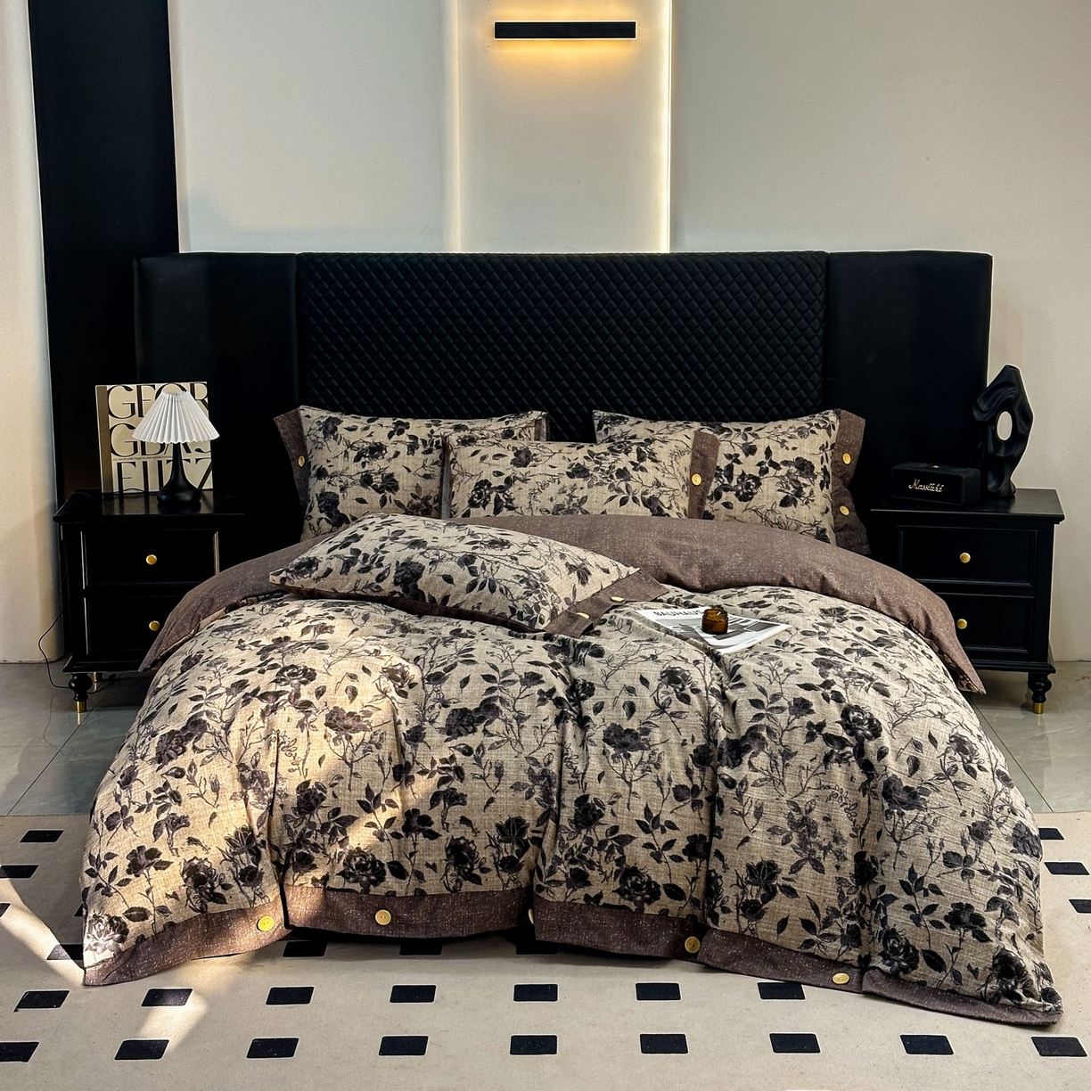 91家纺网 家纺一手货源 找家纺 晚爱家纺（原晚安家居） 2026新款加厚双层纱原麻纽扣款四件套 水墨玫瑰