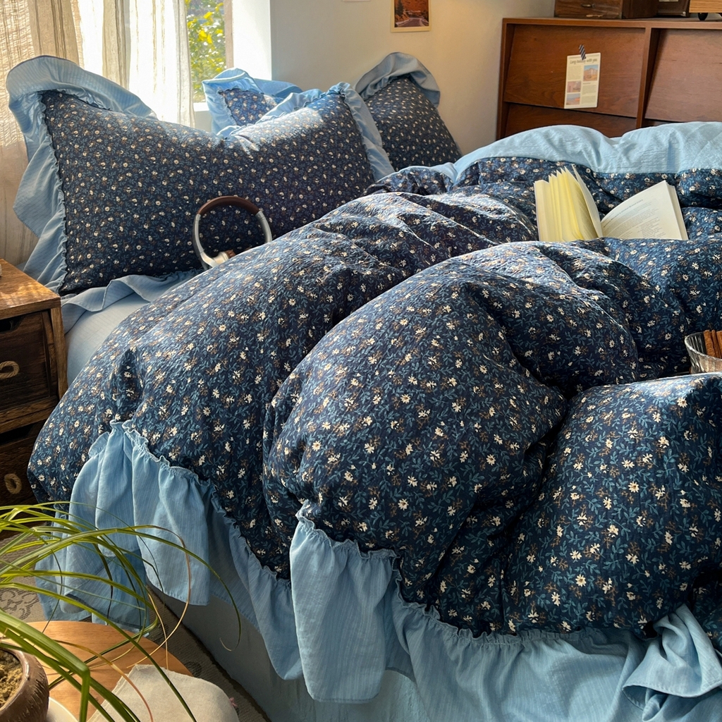 91家纺网 家纺一手货源 找家纺 欣宜家纺 2026新款荷叶花边床上四件套ins风法式少女心被套床单学生宿舍三件套 碧月