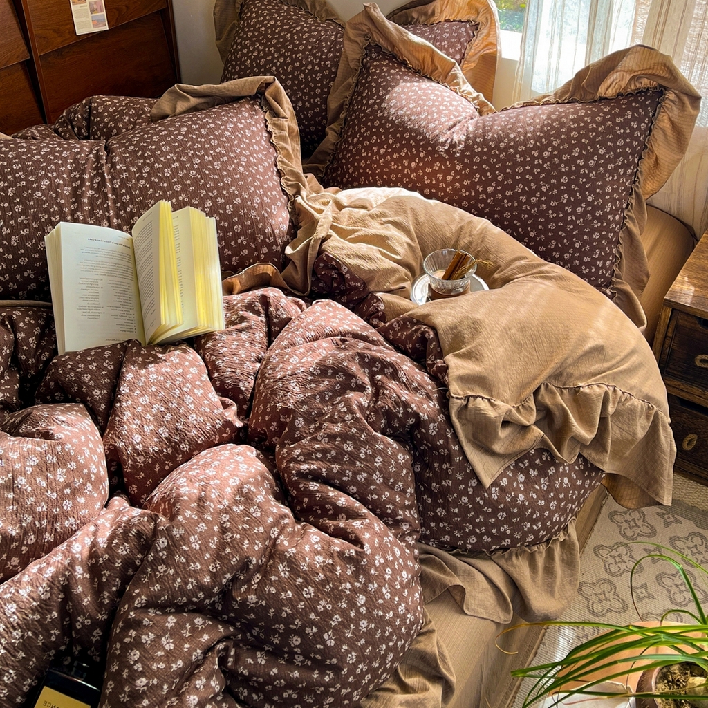 91家纺网 家纺一手货源 找家纺 欣宜家纺 2026新款荷叶花边床上四件套ins风法式少女心被套床单学生宿舍三件套 木槿