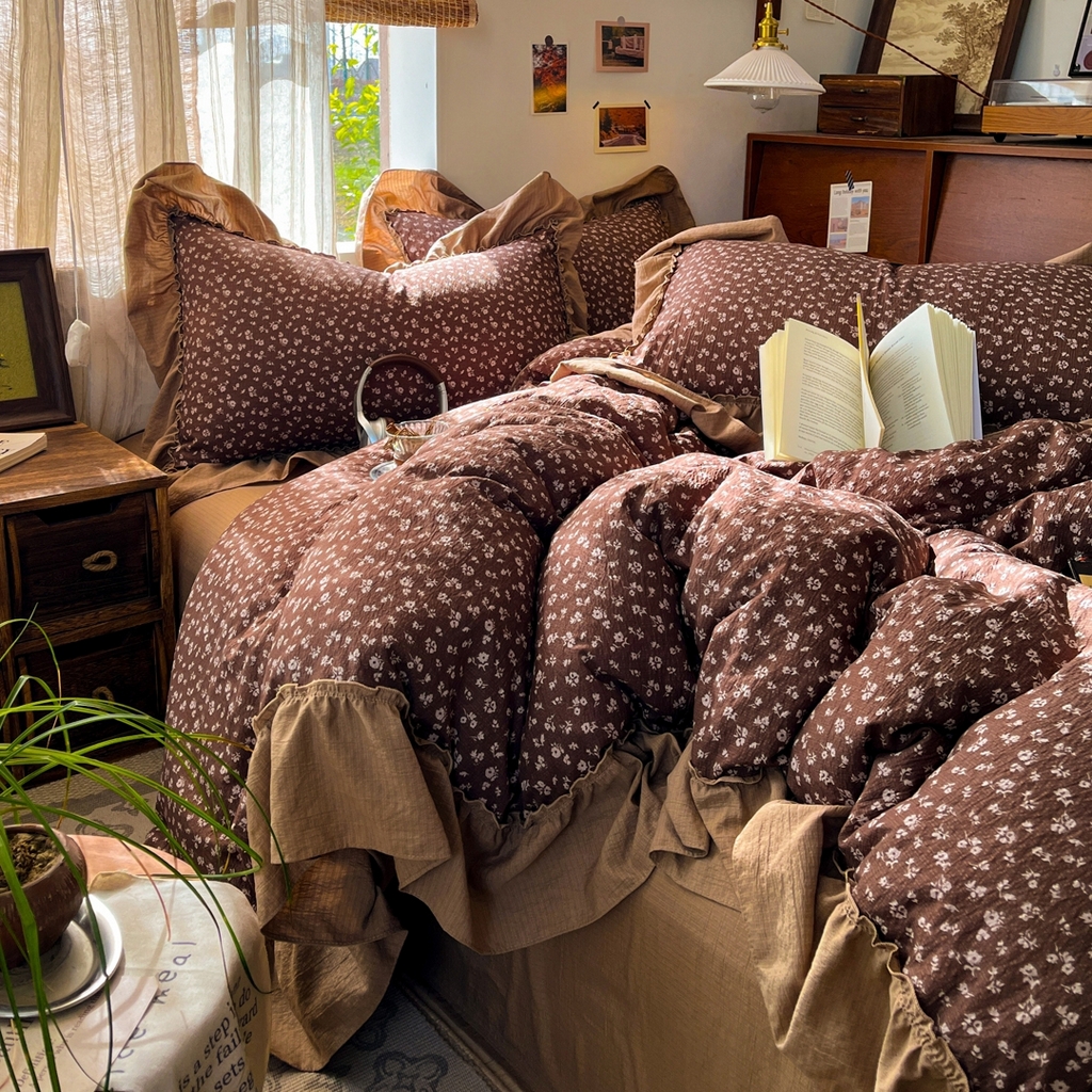 91家纺网 家纺一手货源 找家纺 欣宜家纺 2026新款荷叶花边床上四件套ins风法式少女心被套床单学生宿舍三件套 木槿