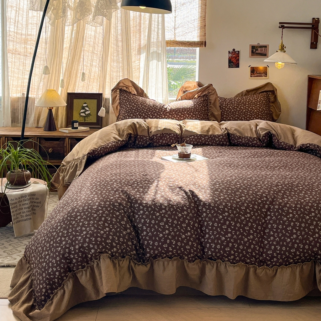 91家纺网 家纺一手货源 找家纺 欣宜家纺 2026新款荷叶花边床上四件套ins风法式少女心被套床单学生宿舍三件套 木槿