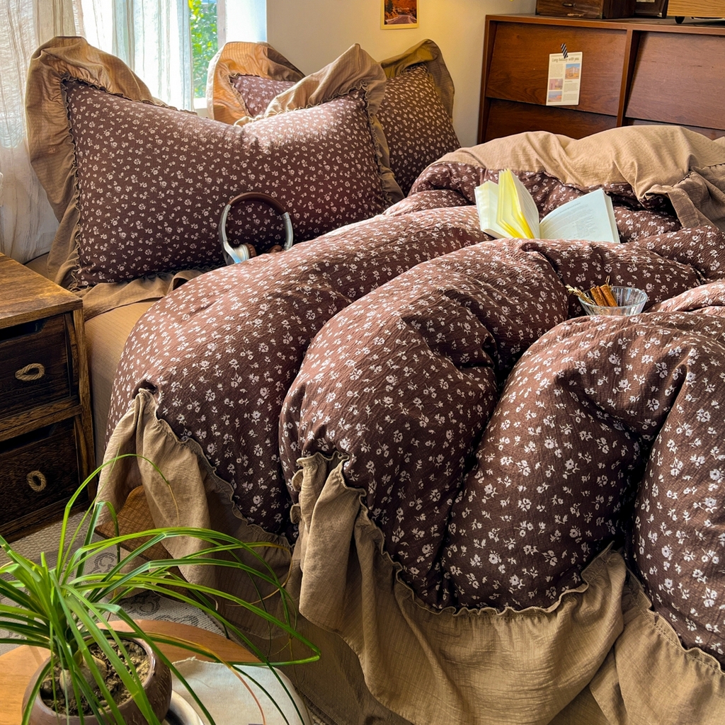 91家纺网 家纺一手货源 找家纺 欣宜家纺 2026新款荷叶花边床上四件套ins风法式少女心被套床单学生宿舍三件套 木槿