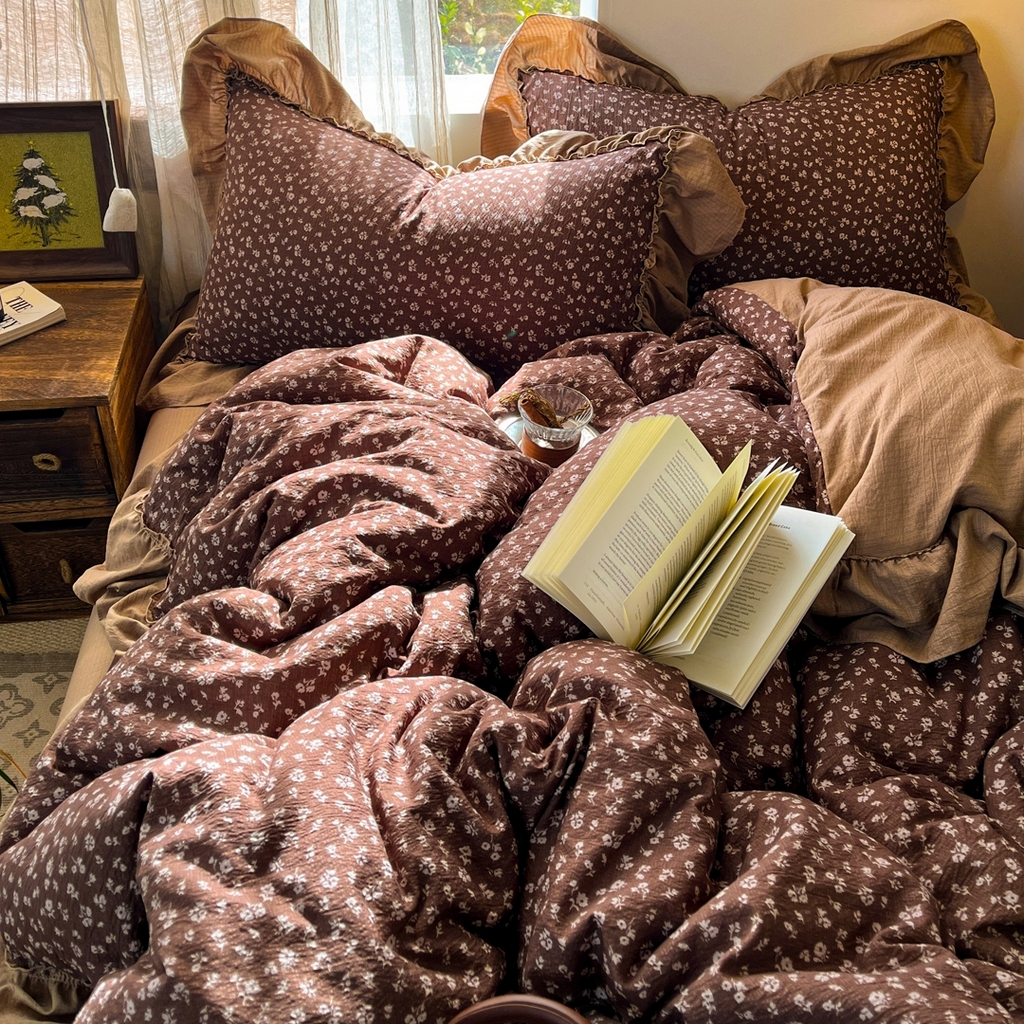 91家纺网 家纺一手货源 找家纺 欣宜家纺 2026新款荷叶花边床上四件套ins风法式少女心被套床单学生宿舍三件套 木槿