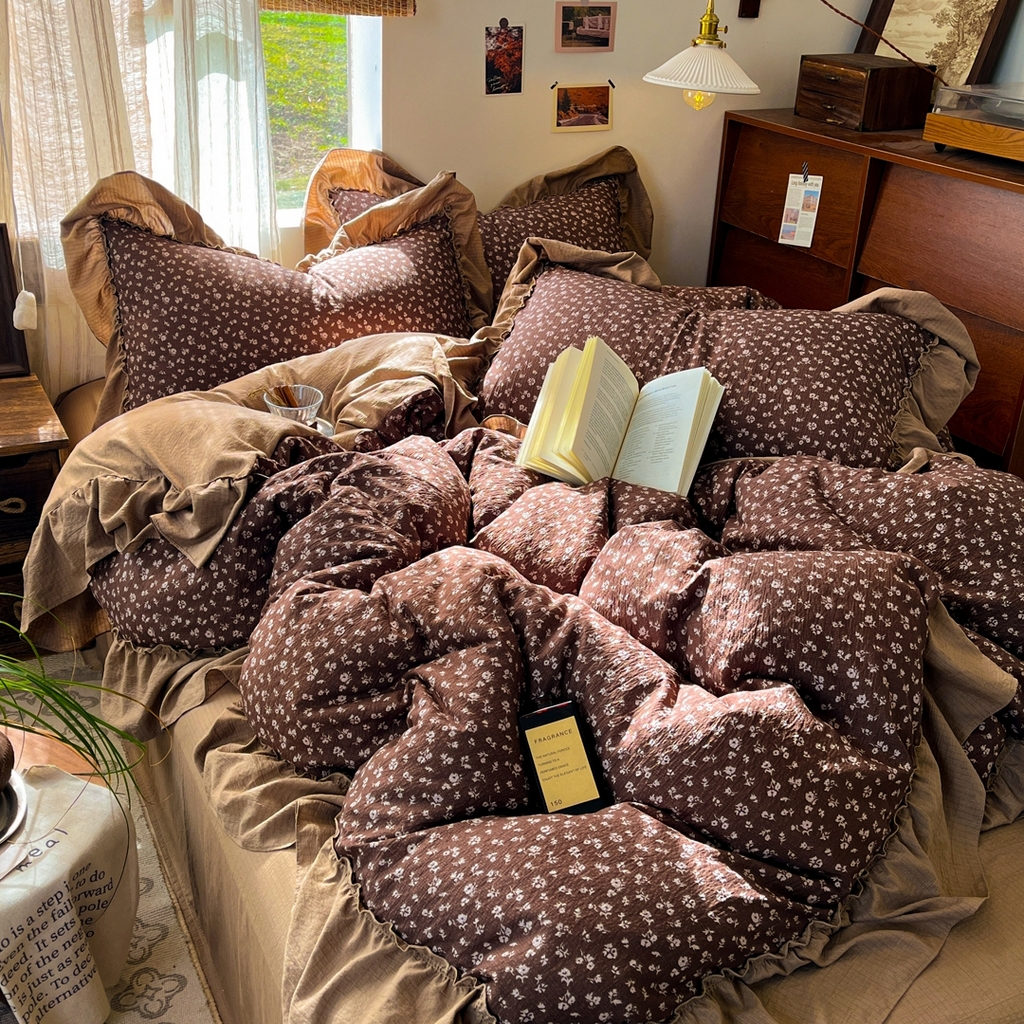 91家纺网 家纺一手货源 找家纺 欣宜家纺 2026新款荷叶花边床上四件套ins风法式少女心被套床单学生宿舍三件套 木槿