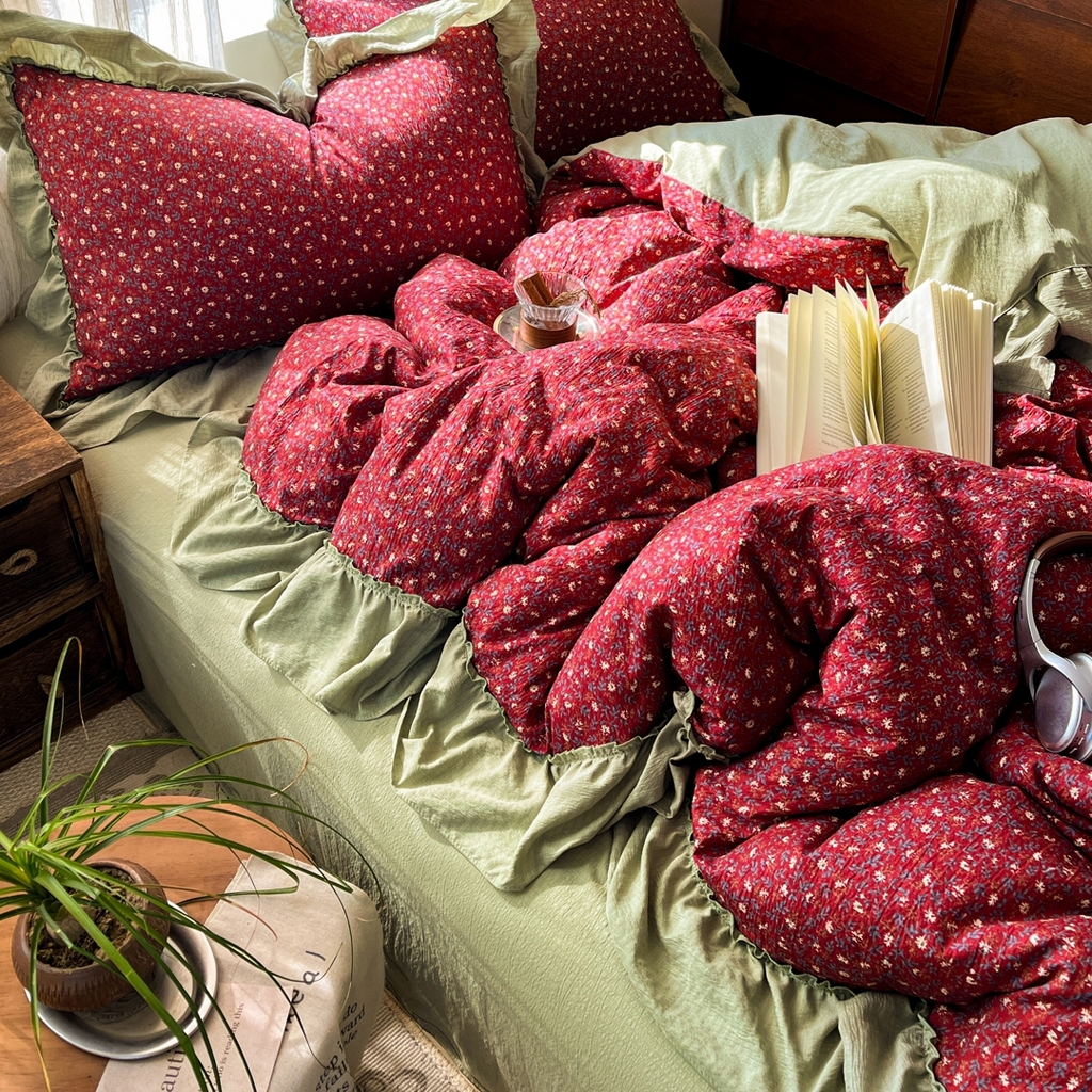 91家纺网 家纺一手货源 找家纺 欣宜家纺 2026新款荷叶花边床上四件套ins风法式少女心被套床单学生宿舍三件套 秋野