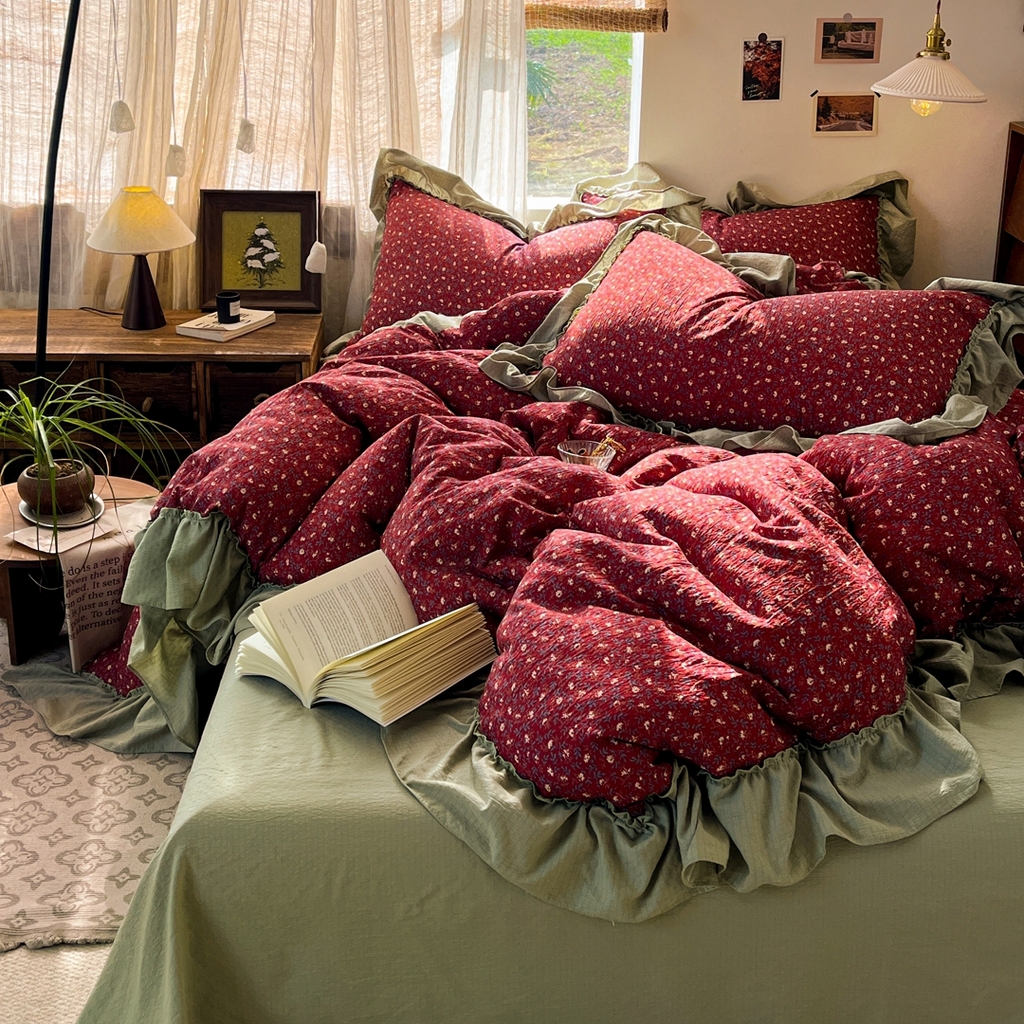 91家纺网 家纺一手货源 找家纺 欣宜家纺 2026新款荷叶花边床上四件套ins风法式少女心被套床单学生宿舍三件套 秋野