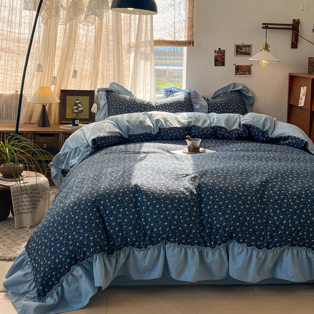 91家纺网 家纺一手货源 找家纺 欣宜家纺 2026新款荷叶花边床上四件套ins风法式少女心被套床单学生宿舍三件套 碧月