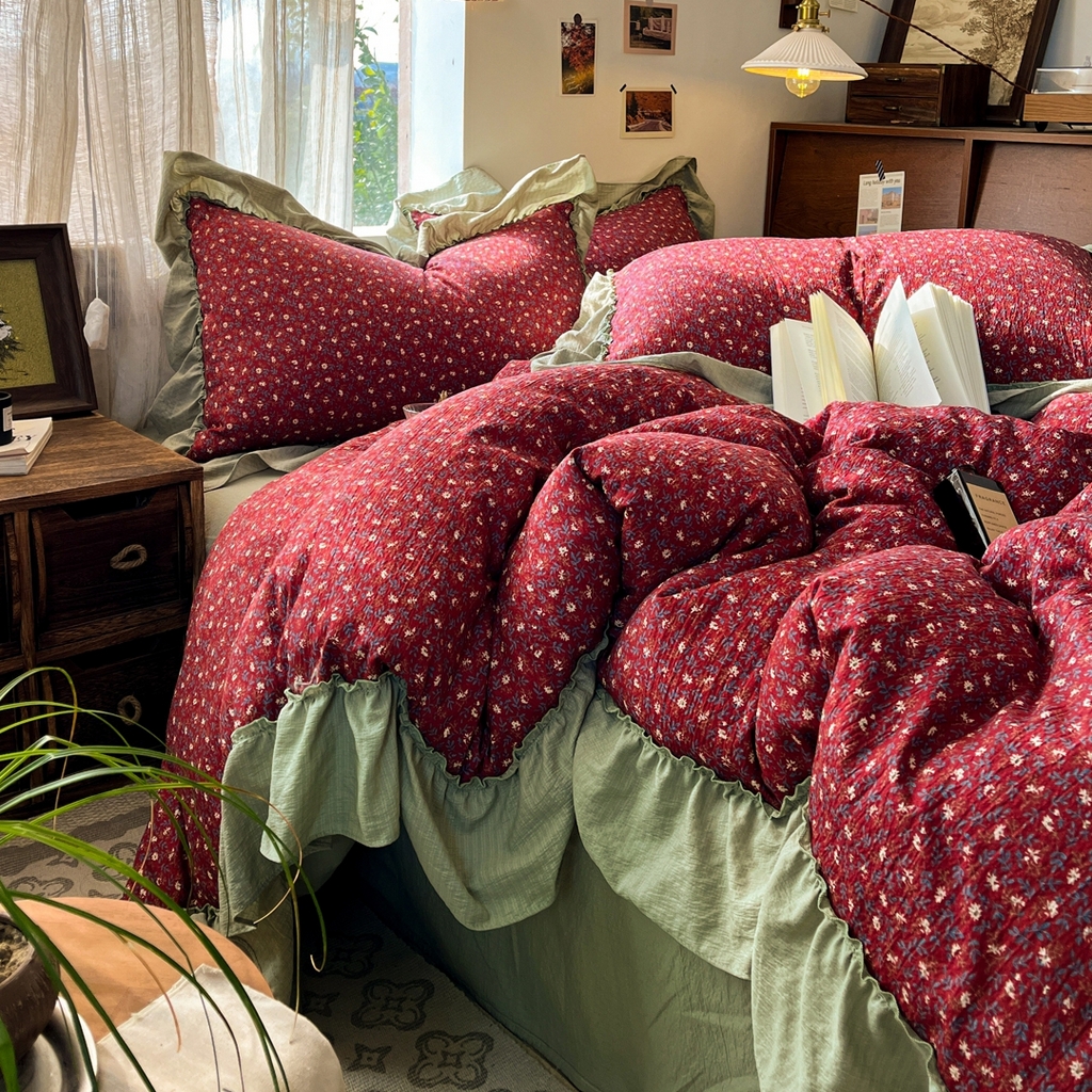 91家纺网 家纺一手货源 找家纺 欣宜家纺 2026新款荷叶花边床上四件套ins风法式少女心被套床单学生宿舍三件套 秋野