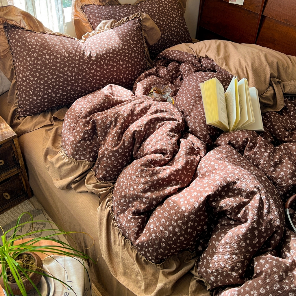 91家纺网 家纺一手货源 找家纺 欣宜家纺 2026新款荷叶花边床上四件套ins风法式少女心被套床单学生宿舍三件套 木槿