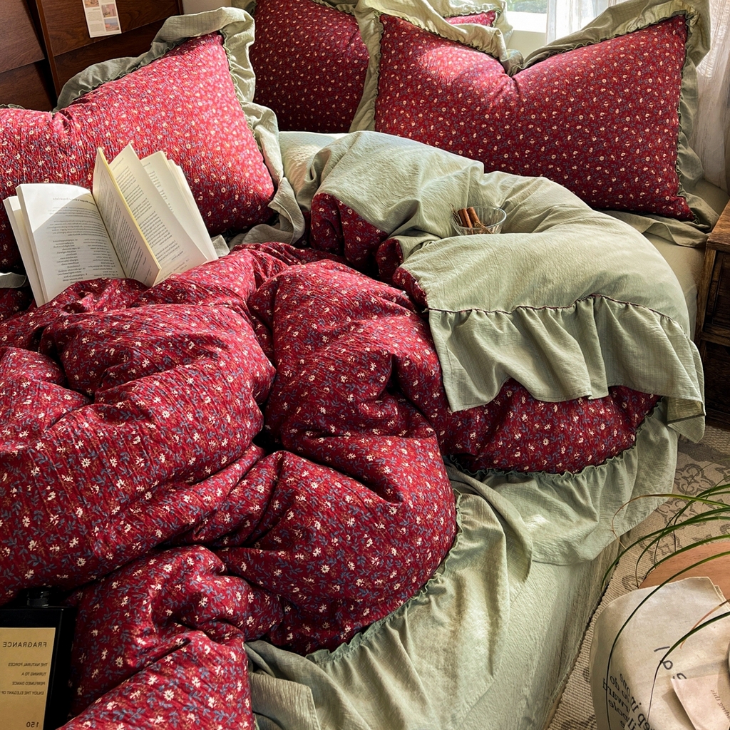 91家纺网 家纺一手货源 找家纺 欣宜家纺 2026新款荷叶花边床上四件套ins风法式少女心被套床单学生宿舍三件套 秋野