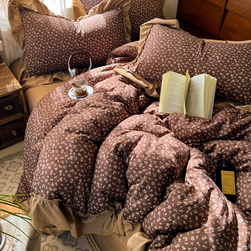 91家纺网 家纺一手货源 找家纺 欣宜家纺 2026新款荷叶花边床上四件套ins风法式少女心被套床单学生宿舍三件套 木槿