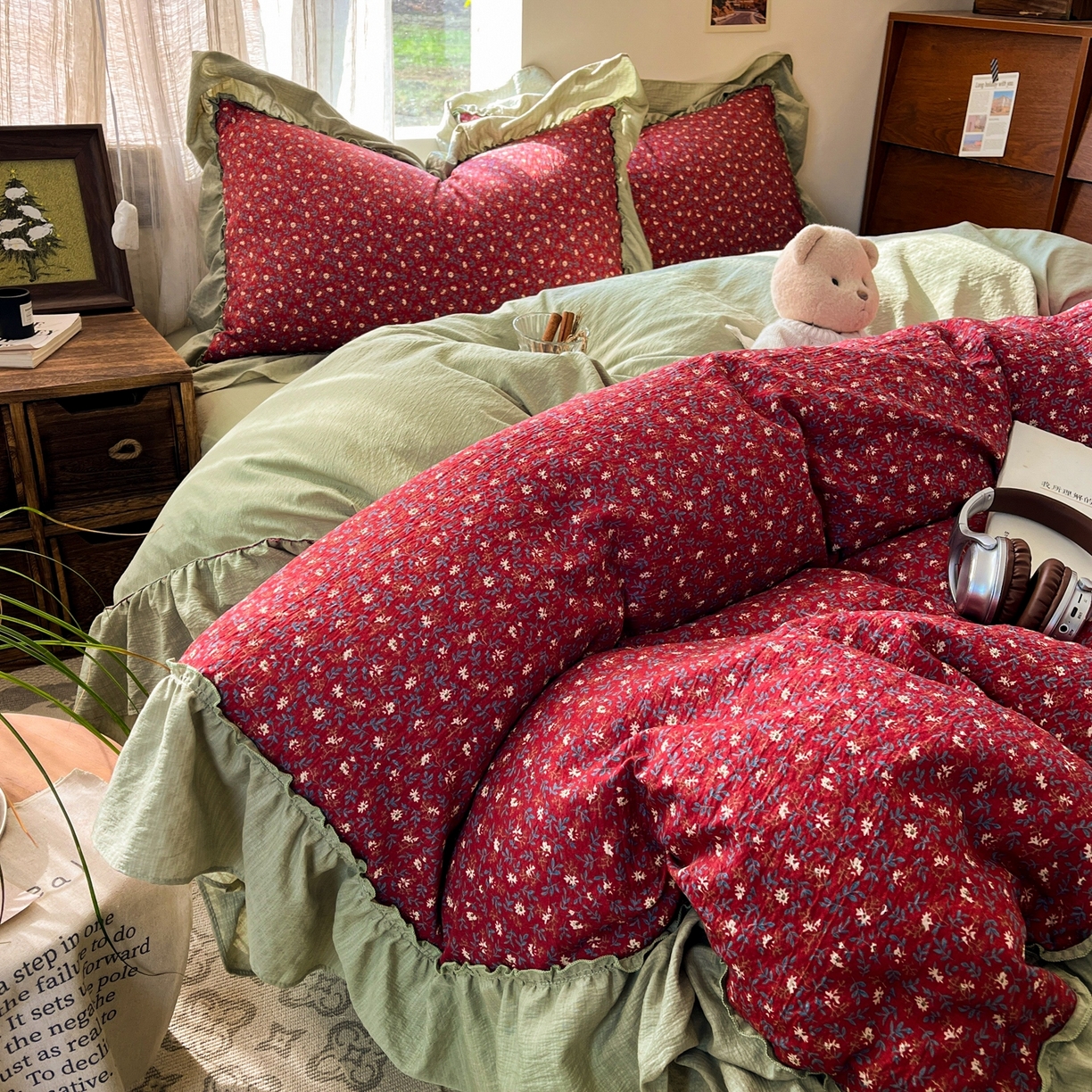 欣宜家纺 2026新款荷叶花边床上四件套ins风法式少女心被套床单学生宿舍三件套 秋野