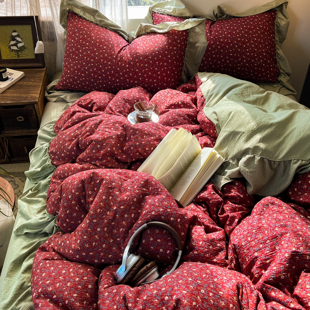 91家纺网 家纺一手货源 找家纺 欣宜家纺 2026新款荷叶花边床上四件套ins风法式少女心被套床单学生宿舍三件套 秋野