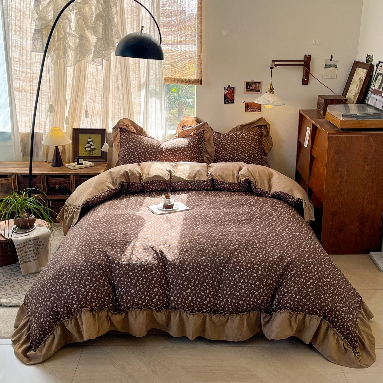 91家纺网 家纺一手货源 找家纺 欣宜家纺 2026新款荷叶花边床上四件套ins风法式少女心被套床单学生宿舍三件套 木槿