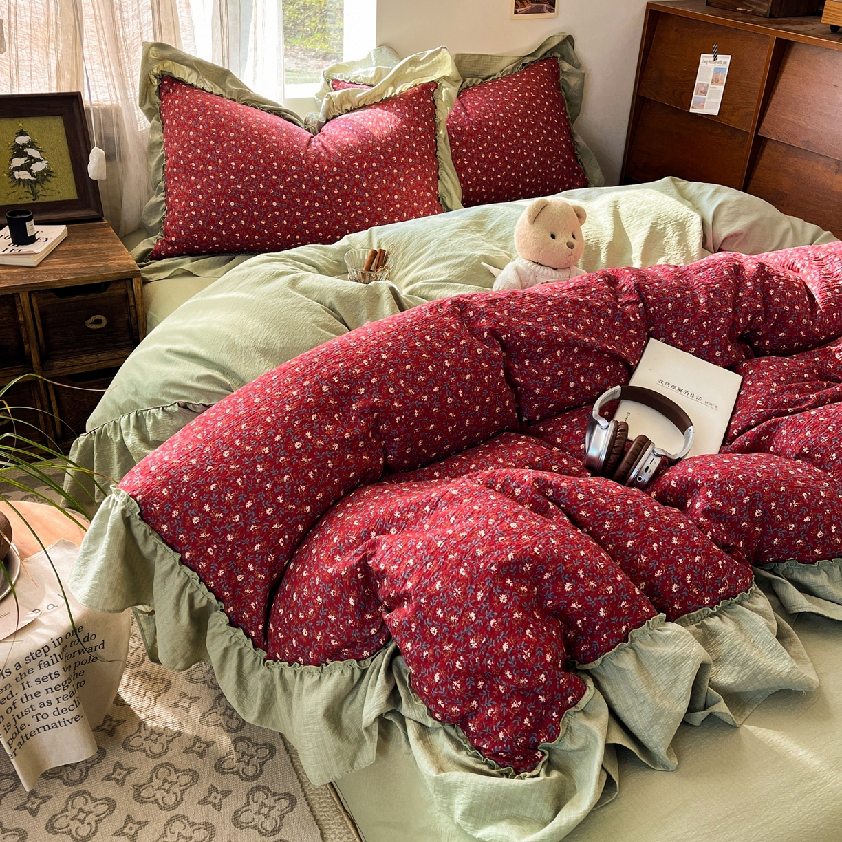 91家纺网 家纺一手货源 找家纺 欣宜家纺 2026新款荷叶花边床上四件套ins风法式少女心被套床单学生宿舍三件套 秋野