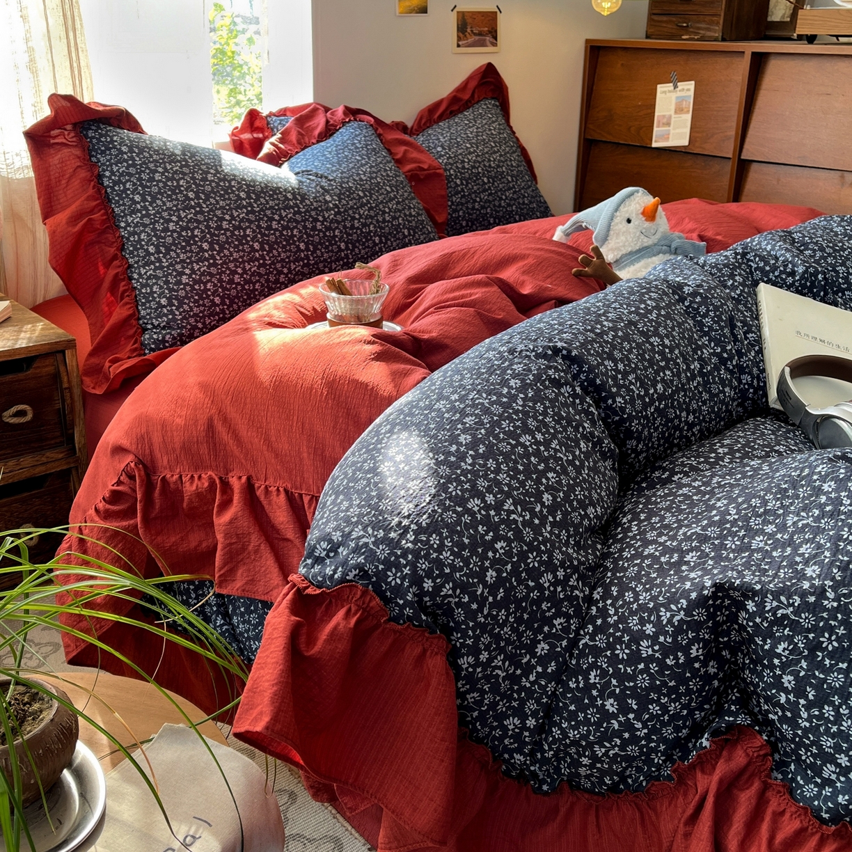 91家纺网 家纺一手货源 找家纺 欣宜家纺 2026新款荷叶花边床上四件套ins风法式少女心被套床单学生宿舍三件套 莫奈