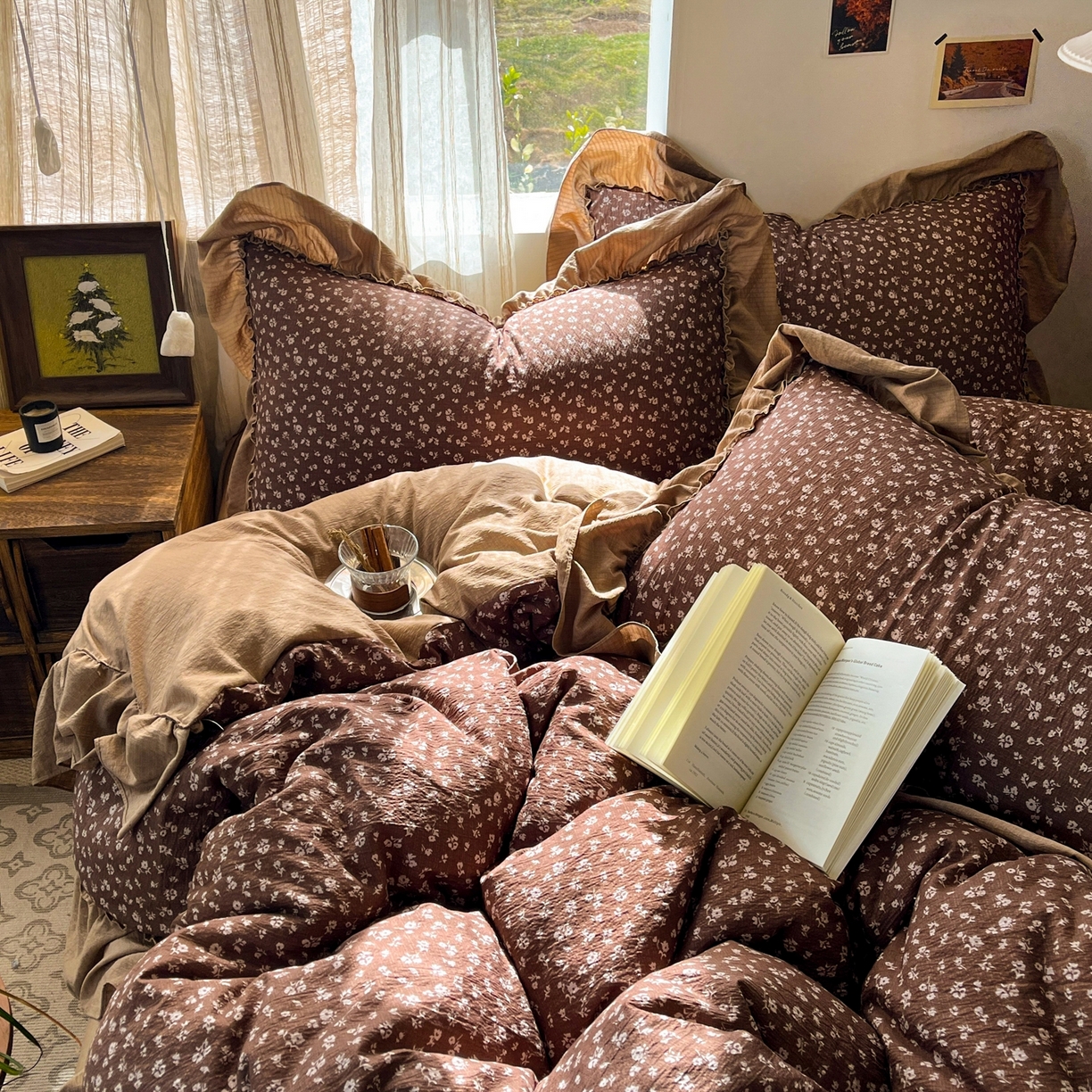 91家纺网 家纺一手货源 找家纺 欣宜家纺 2026新款荷叶花边床上四件套ins风法式少女心被套床单学生宿舍三件套 木槿